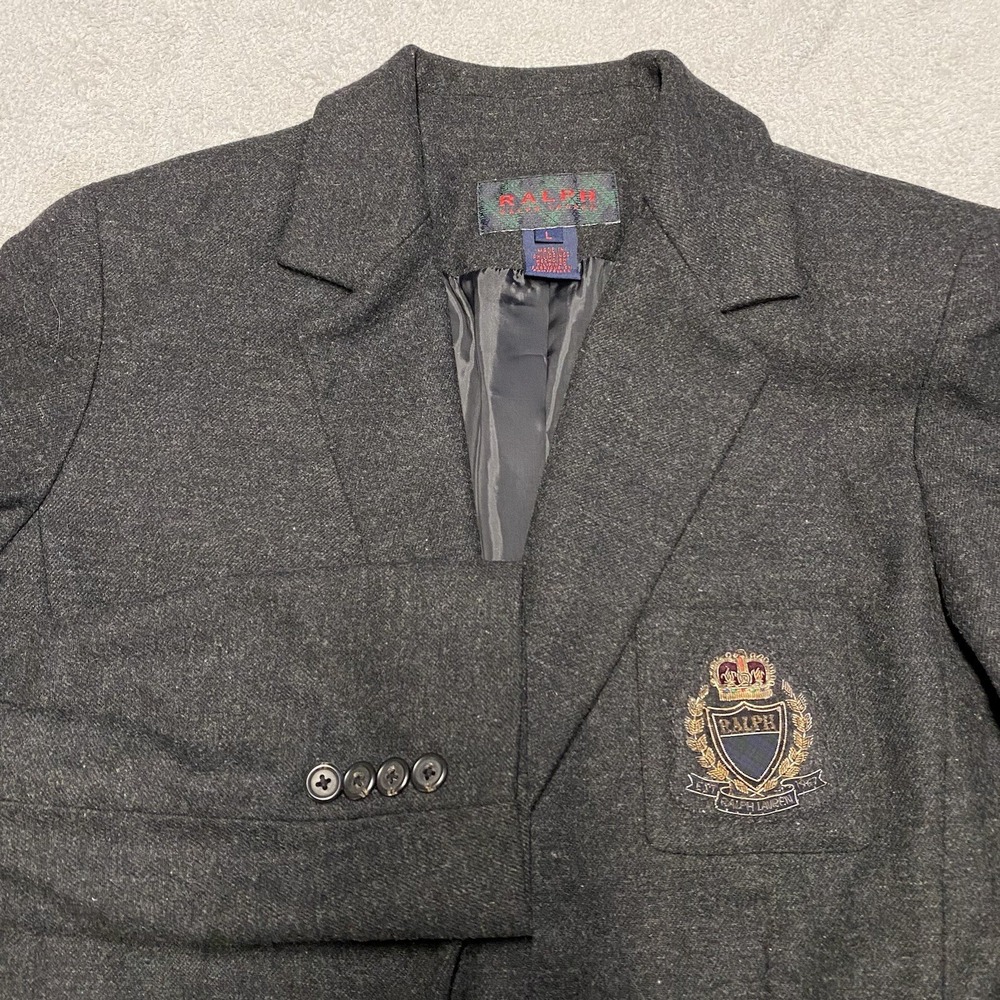 Vintage Ralph Lauren Wool Blazer Large Gray Wool Blend Crest Crown School Rare